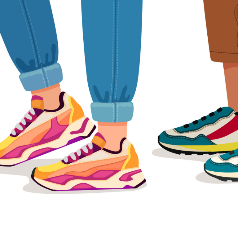 Feet in sneakers. Female and male walking legs in sport shoes