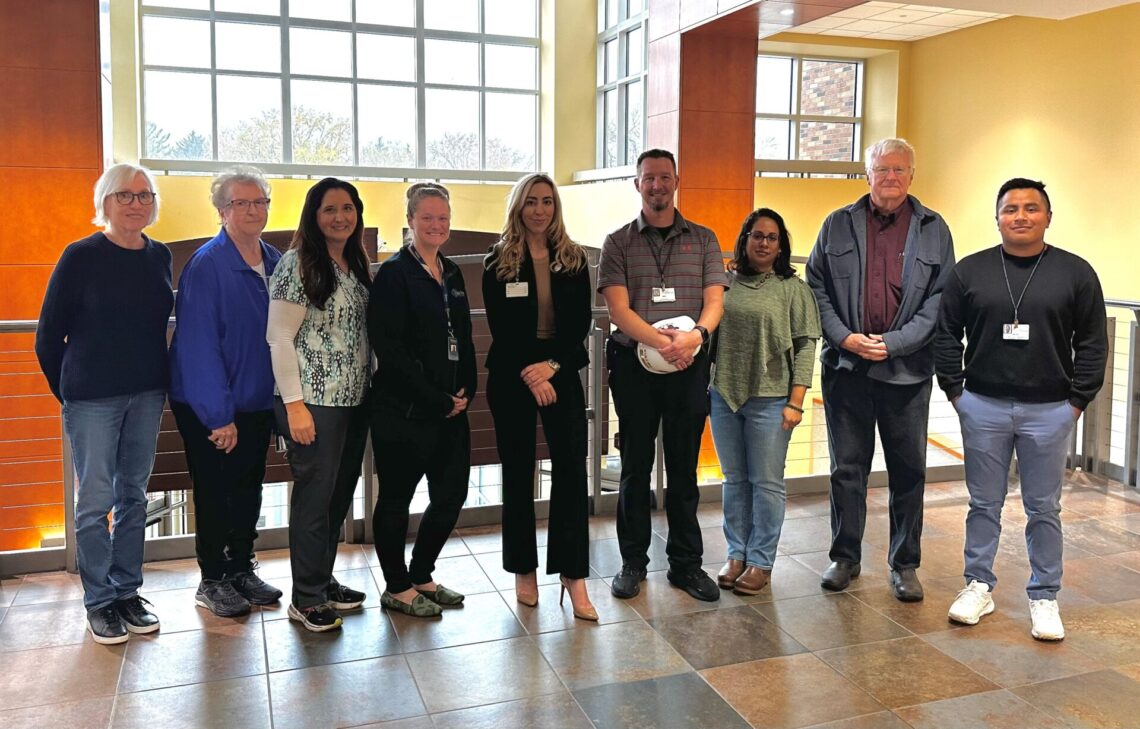 PFAC members join Fort HealthCare Safety Officer Mike Stephens for a tour of Fort Memorial Hospital construction.Left to Right: Nancy Baines, Delores Burington, Lesli Rumpf, Britanie Peaslee, Molly Prater (PFAC Chair), Michael Stephens (Safety Officer), Monica Los, Andy Yocom, & Bryan Carrera-Ramos.